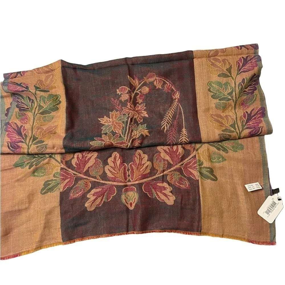 NWT Vintage Floral /leaves wool stole in gold, green & purple, lighter weight